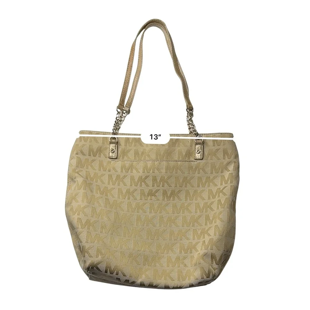 Michael Kors Double Strap Jet Set Monogram Tan Chain Tote Handbag - Picture 8 of 15